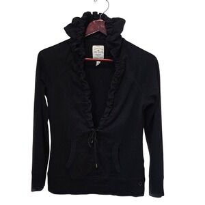 TOM TAILOR Black Ruffle Hooded‎ Sweatshirt Hoodie Lace Up Pocket Women's Medium